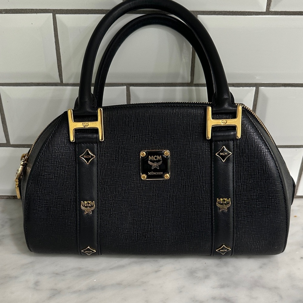 Authentic Vintage MCM Black Dome Studded Leather Charms Handbag w/ Gold Accents
